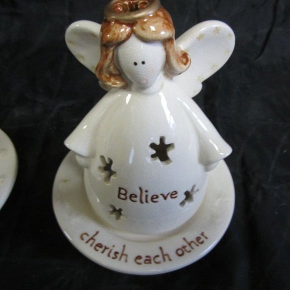 VINTAGE 90'S CERAMIC ANGEL TEALIGHTS W/PLATES, SET OF 2, CUTE COUNTRY - Picture 5 of 8